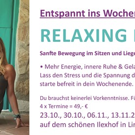 Yoga: Happy Yoga Lingen
Relaxing Fridays
Entspannt ins Wochenende
4 x Termine - Happy Yoga Lingen Barbara Strube
